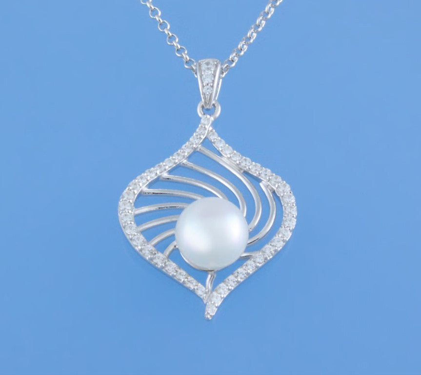 Sterling Silver Pendant with 7.5-8mm Button Shape Freshwater Pearl and Cubic Zirconia - Wing Wo Hing Jewelry Group - Pearl Jewelry Manufacturer
