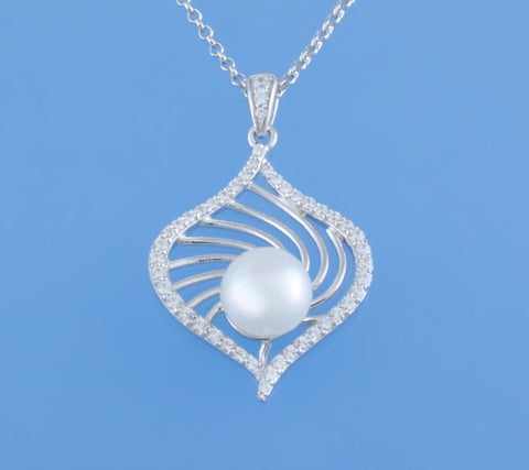Sterling Silver Pendant with 7.5-8mm Button Shape Freshwater Pearl and Cubic Zirconia