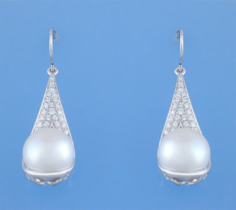Sterling Silver Earrings with 11.5-12mm Button Freshwater Pearl and Cubic Zirconia - Wing Wo Hing Jewelry Group - Pearl Jewelry Manufacturer