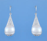 Sterling Silver Earrings with 11.5-12mm Button Freshwater Pearl and Cubic Zirconia - Wing Wo Hing Jewelry Group - Pearl Jewelry Manufacturer
