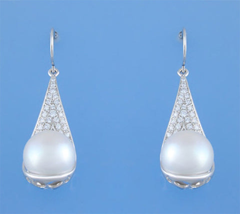 Sterling Silver Earrings with 11.5-12mm Button Freshwater Pearl and Cubic Zirconia