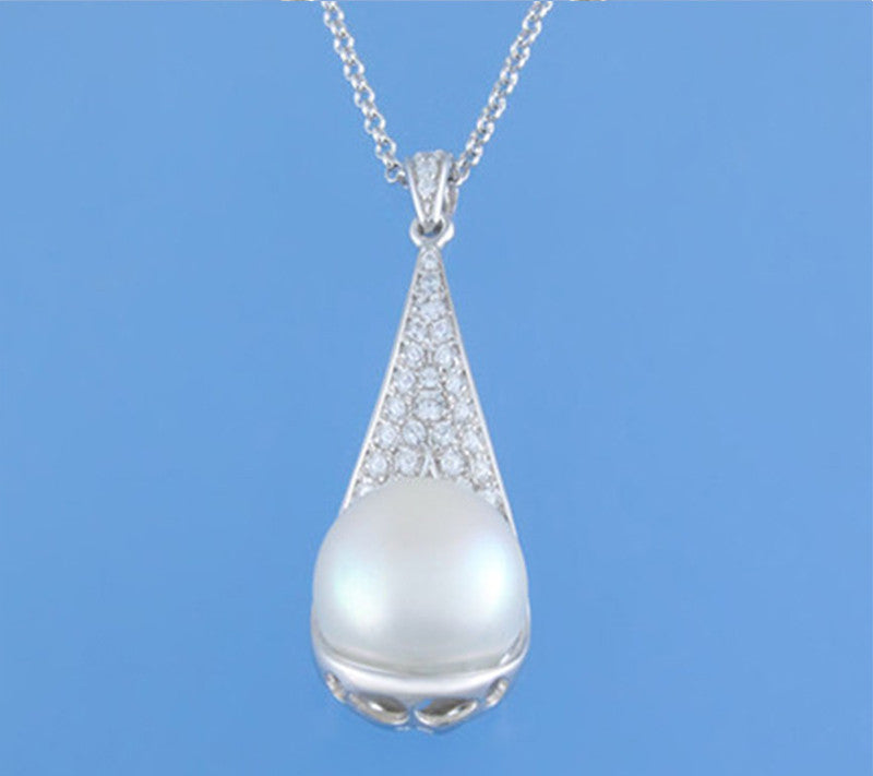 Sterling Silver Pendant with Button Shape Freshwater Pearl and Cubic Zirconia - Wing Wo Hing Jewelry Group - Pearl Jewelry Manufacturer