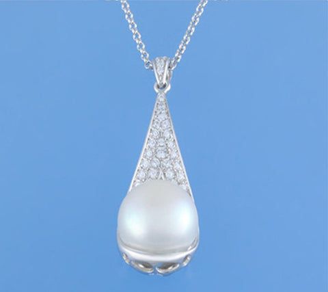 Sterling Silver Pendant with Button Shape Freshwater Pearl and Cubic Zirconia