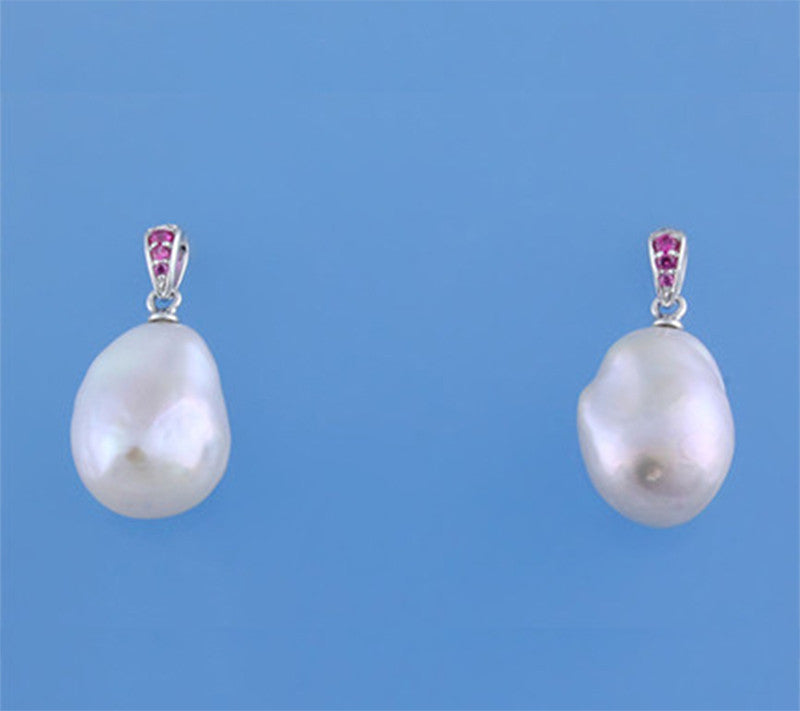 Sterling Silver Earrings with 11.5-12mm Baroque Shape Freshwater Pearl and Red Corundum - Wing Wo Hing Jewelry Group - Pearl Jewelry Manufacturer