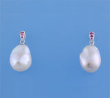 Sterling Silver Earrings with 11.5-12mm Baroque Shape Freshwater Pearl and Red Corundum - Wing Wo Hing Jewelry Group - Pearl Jewelry Manufacturer