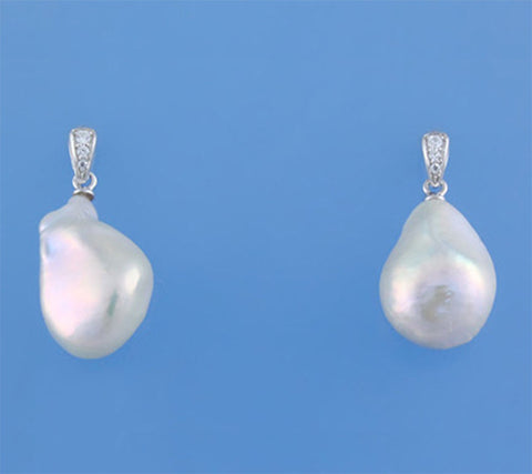 Sterling Silver Earrings with 11.5-12mm Baroque Shape Freshwater Pearl and Cubic Zirconia