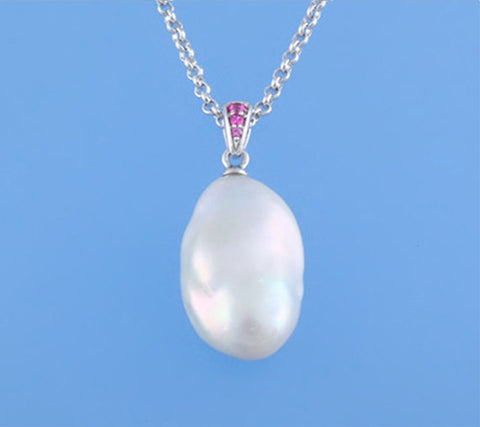 Sterling Silver Pendant with Baroque Shape Freshwater Pearl and Red Corundum