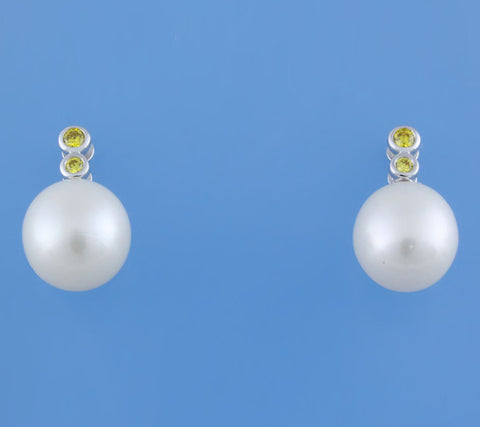 Sterling Silver Earrings with 11.5-12mm White Drop Shape Freshwater Pearl and Cubic Zirconia