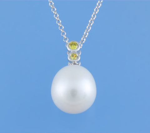 Sterling Silver Pendant with 11.5-12mm Drop Shape Freshwater Pearl and Cubic Zirconia