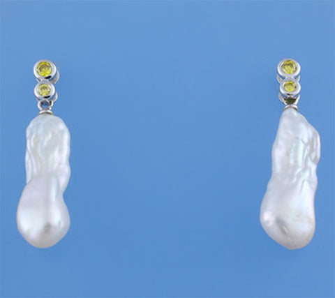 Sterling Silver Earrings with 11.5-12mm Baroque Shape Freshwater Pearl and Cubic Zirconia
