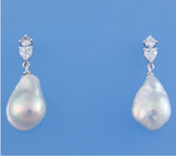 Sterling Silver Earrings with 11-12mm Baroque Shape Freshwater Pearl and Cubic Zirconia - Wing Wo Hing Jewelry Group - Pearl Jewelry Manufacturer