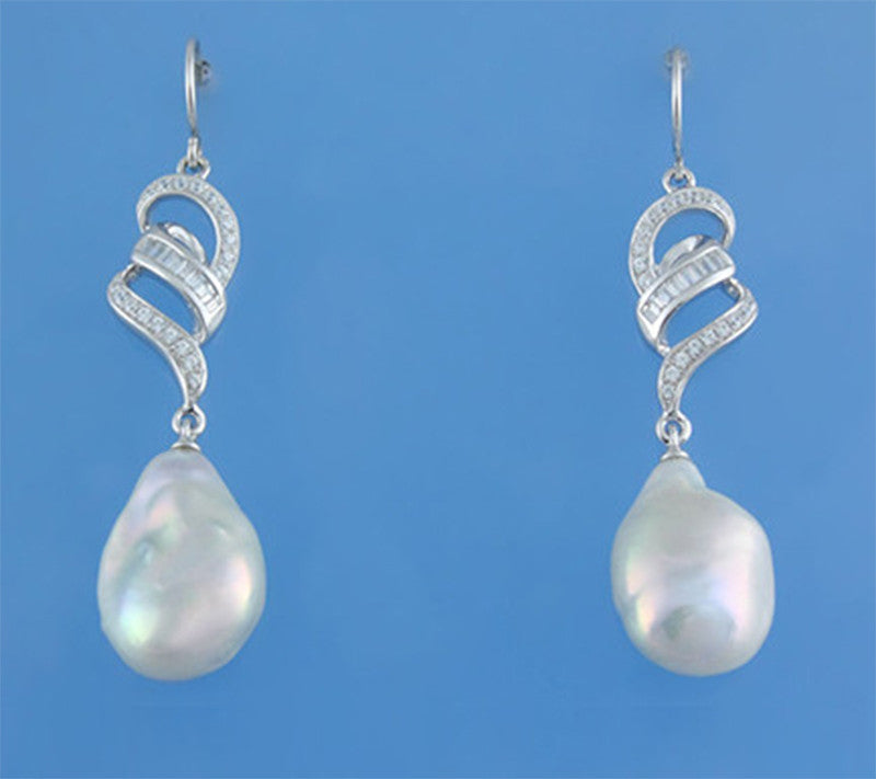 Sterling Silver Earrings with 12-13mm Baroque Shape Freshwater Pearl and Cubic Zirconia - Wing Wo Hing Jewelry Group - Pearl Jewelry Manufacturer