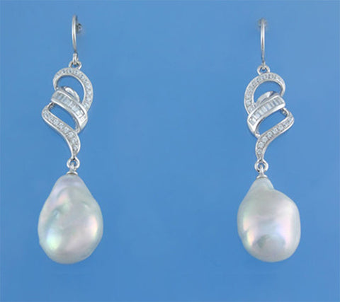 Sterling Silver Earrings with 12-13mm Baroque Shape Freshwater Pearl and Cubic Zirconia