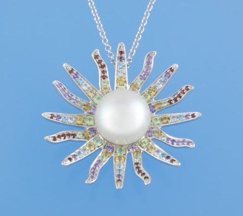 Sterling Silver Pendant with 11.5-12mm Button Shape Freshwater Pearl and Cubic Zirconia