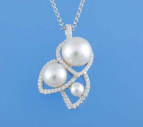 Sterling Silver Pendant with Button Shape Freshwater Pearl and Cubic Zirconia