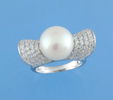 Sterling Silver Ring with 11.5-12mm Button Shape Freshwater Pearl and Cubic Zirconia - Wing Wo Hing Jewelry Group - Pearl Jewelry Manufacturer