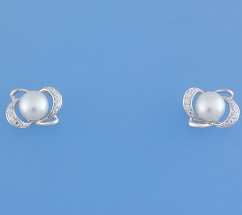 Sterling Silver Earrings with 6-6.5mm Button Shape Freshwater Pearl and Cubic Zirconia - Wing Wo Hing Jewelry Group - Pearl Jewelry Manufacturer