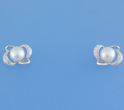 Sterling Silver Earrings with 6-6.5mm Button Shape Freshwater Pearl and Cubic Zirconia