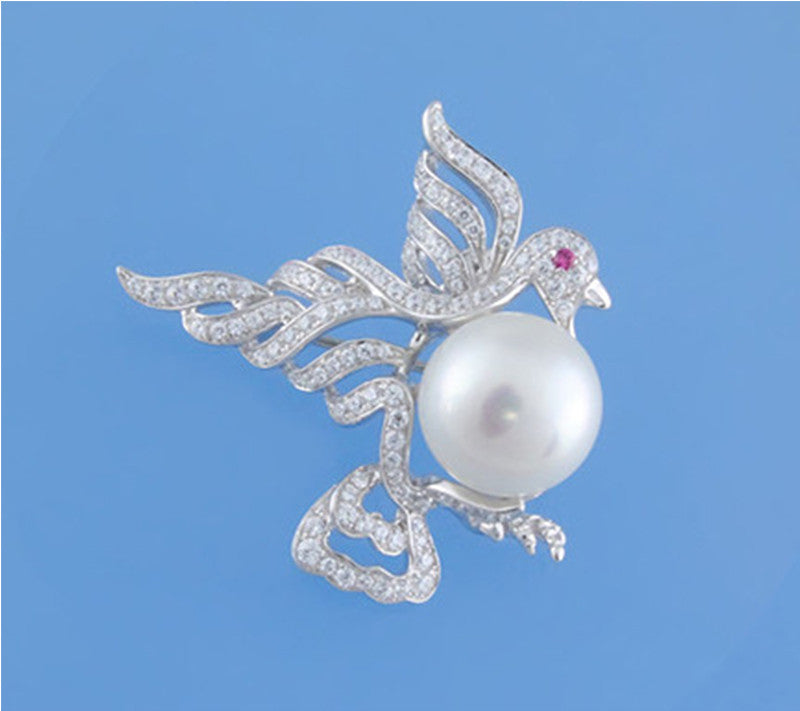 Sterling Silver Brooch with 10.5-11mm Button Shape Freshwater Pearl, Red Corundum and Cubic Zirconia - Wing Wo Hing Jewelry Group - Pearl Jewelry Manufacturer