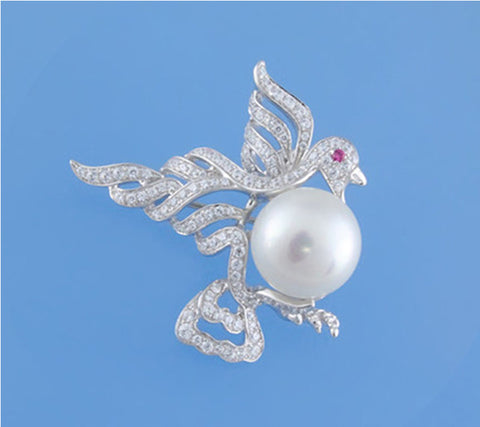 Sterling Silver Brooch with 10.5-11mm Button Shape Freshwater Pearl, Red Corundum and Cubic Zirconia