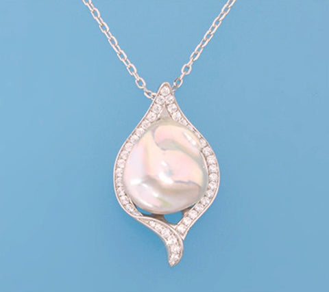Sterling Silver Pendant with 14.5-15mm Baroque Shape Freshwater Pearl and Cubic Zirconia