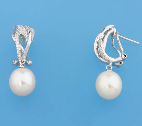 Sterling Silver Earrings with 10-10.5mm Drop Shape Freshwater Pearl and Cubic Zirconia