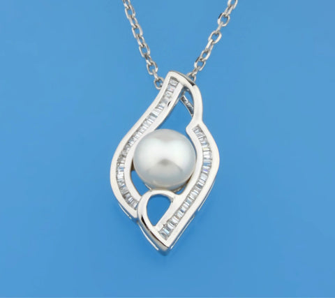 Sterling Silver Pendant with 7.5-8mm Button Shape Freshwater Pearl and Cubic Zirconia