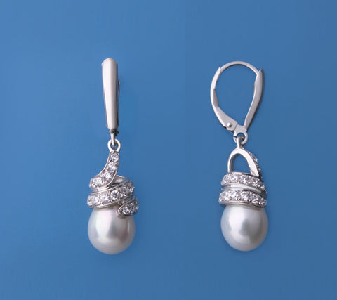 Sterling Silver Earrings with 8.5-9mm Drop Shape Freshwater Pearl and Cubic Zirconia