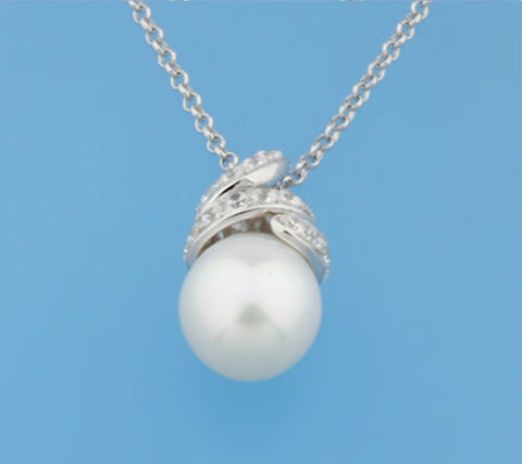 Sterling Silver Pendant with 9-9.5mm Drop Shape Freshwater Pearl and Cubic Zirconia