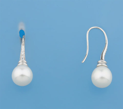 Sterling Silver Earrings with 9-9.5mm Oval Shape Freshwater Pearl and Cubic Zirconia
