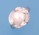 Sterling Silver Ring with 9-9.5mm Button Shape Freshwater Pearl and Cubic Zirconia - Wing Wo Hing Jewelry Group - Pearl Jewelry Manufacturer