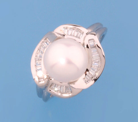 Sterling Silver Ring with 9-9.5mm Button Shape Freshwater Pearl and Cubic Zirconia