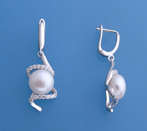 Sterling Silver Earrings with 9.5-10mm Button Shape Freshwater Pearl and Cubic Zirconia