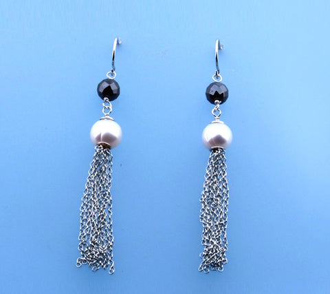 Sterling Silver Earrings with 8-8.5mm Ringed Shape Freshwater Pearl and Hematite