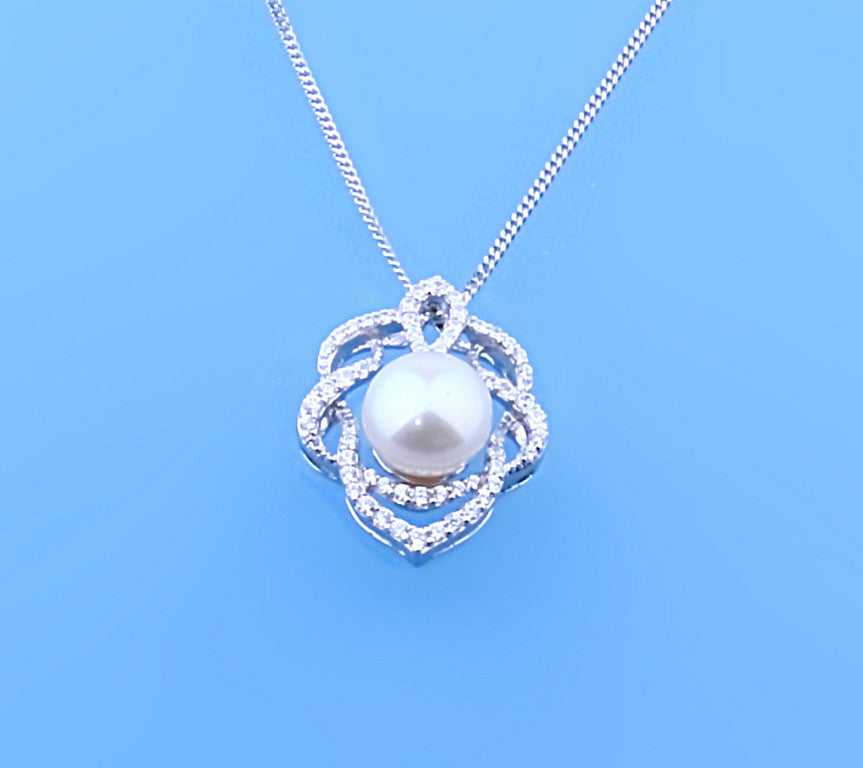 Sterling Silver Pendant with 8.5-9mm Button Shape Freshwater Pearl and Cubic Zirconia - Wing Wo Hing Jewelry Group - Pearl Jewelry Manufacturer