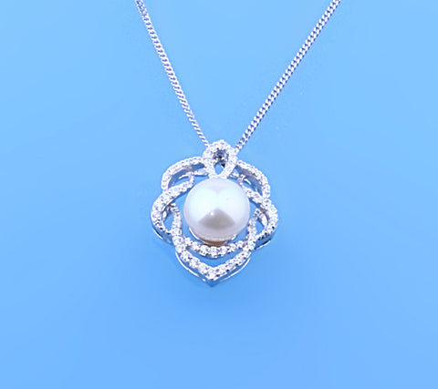 Sterling Silver Pendant with 8.5-9mm Button Shape Freshwater Pearl and Cubic Zirconia