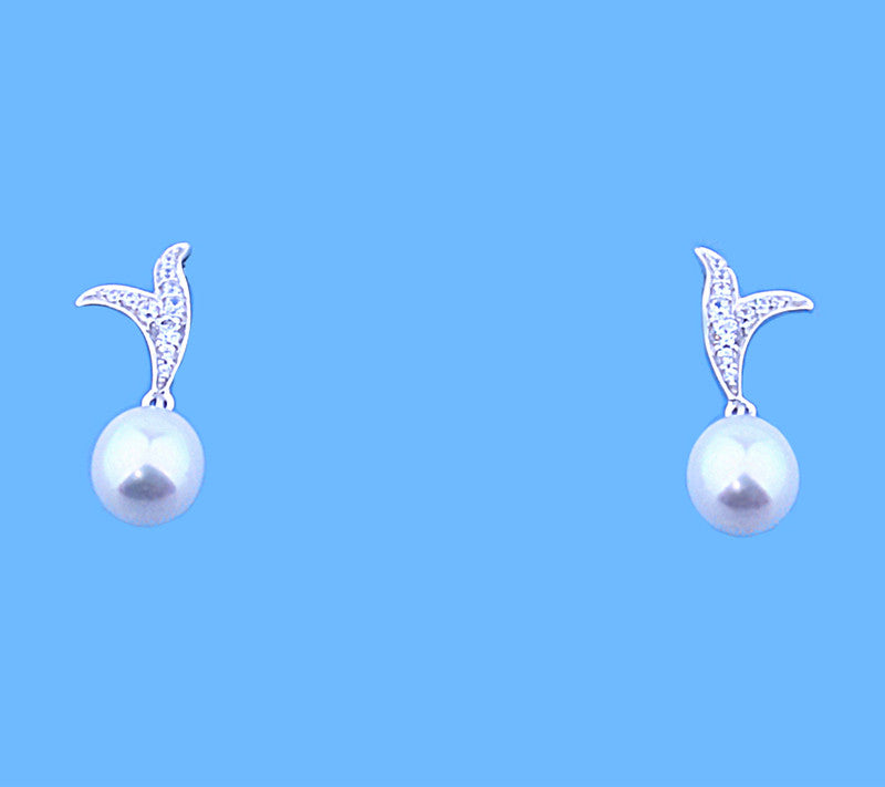 Sterling Silver Earrings with 7.5-8mm Drop Shape Freshwater Pearl and Cubic Zirconia - Wing Wo Hing Jewelry Group - Pearl Jewelry Manufacturer