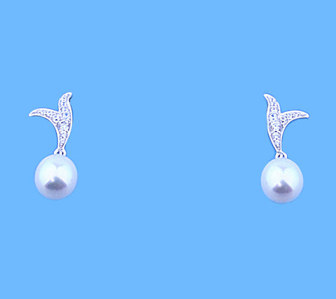 Sterling Silver Earrings with 7.5-8mm Drop Shape Freshwater Pearl and Cubic Zirconia