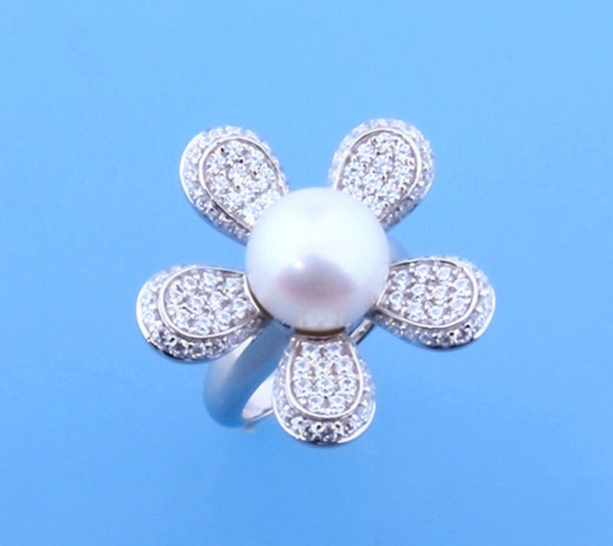 Sterling Silver Ring with 11.5-12mm Button Shape Freshwater Pearl and Cubic Zirconia - Wing Wo Hing Jewelry Group - Pearl Jewelry Manufacturer