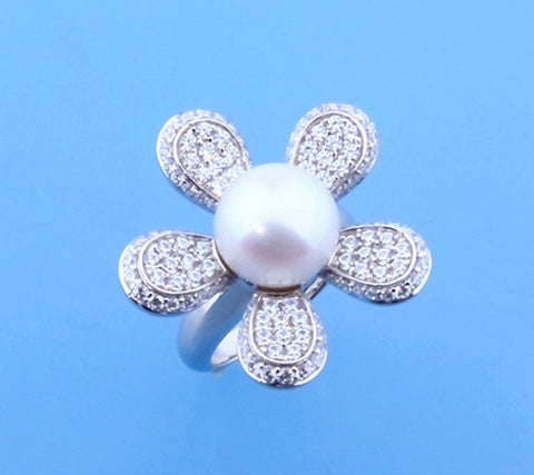 Sterling Silver Ring with 11.5-12mm Button Shape Freshwater Pearl and Cubic Zirconia