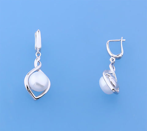 Sterling Silver Earrings with 9.5-10mm Button Shape Freshwater Pearl