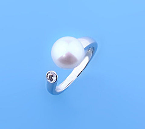 Sterling Silver Ring with 10-10.5mm Button Freshwater Pearl and Cubic Zirconia