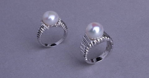 Sterling Silver Ring with 10.5-11mm Button Shape Freshwater Pearl and Cubic Zirconia