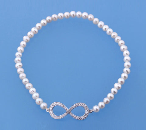 Sterling Silver Bracelet with 3.5-4mm Potato Shape Freshwater Pearl and Cubic Zirconia