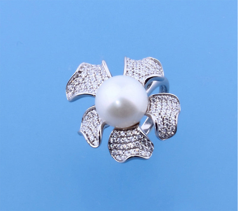 Sterling Silver Ring with 12-12.5mm Button Shape Freshwater Pearl and Cubic Zirconia - Wing Wo Hing Jewelry Group - Pearl Jewelry Manufacturer