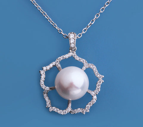 Sterling Silver Pendant with 13-13.5mm Button Shape Freshwater Pearl and Cubic Zirconia