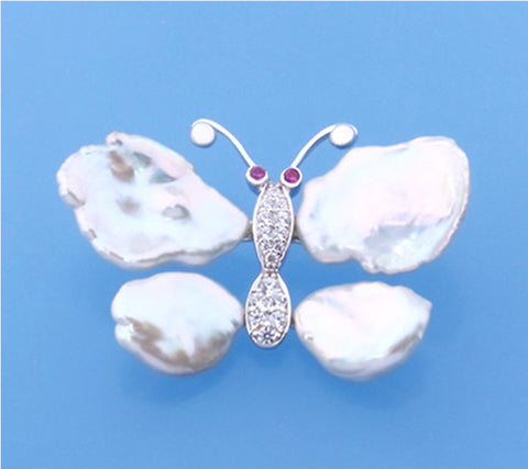 Sterling Silver Brooch with 10-15mm Baroque Shape Freshwater Pearl, Red Corundum and Cubic Zirconia