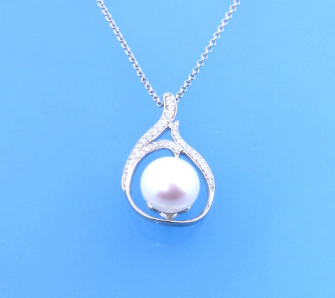 Sterling Silver Pendant with 11.5-12mm Button Shape Freshwater Pearl and Cubic Zirconia