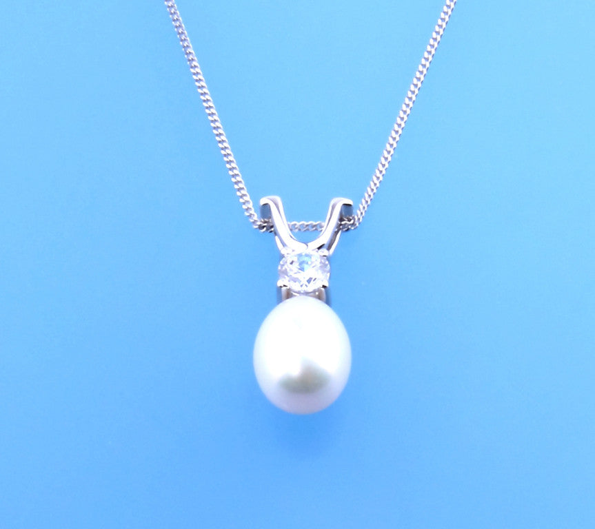 Sterling Silver Pendant with 9-9.5mm Drop Shape Freshwater Pearl and Cubic Zirconia - Wing Wo Hing Jewelry Group - Pearl Jewelry Manufacturer