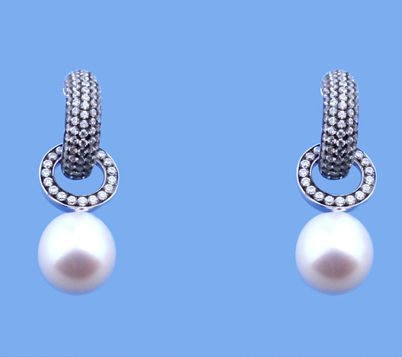 Sterling Silver Earrings with 10-10.5mm Drop Shape Freshwater Pearl and Cubic Zirconia - Wing Wo Hing Jewelry Group - Pearl Jewelry Manufacturer